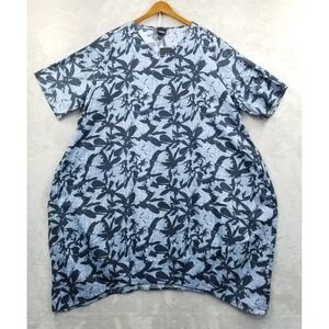 Ulla‎ Popken Dress Women 24/26 Blue Leaves Silhouette Short Sleeve Midi V Neck